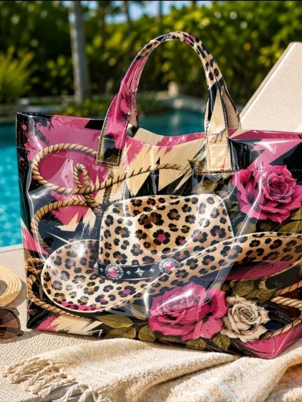 Western Leopard Print Cowgirl Hat And Rope PVC Daily Commuter Tote